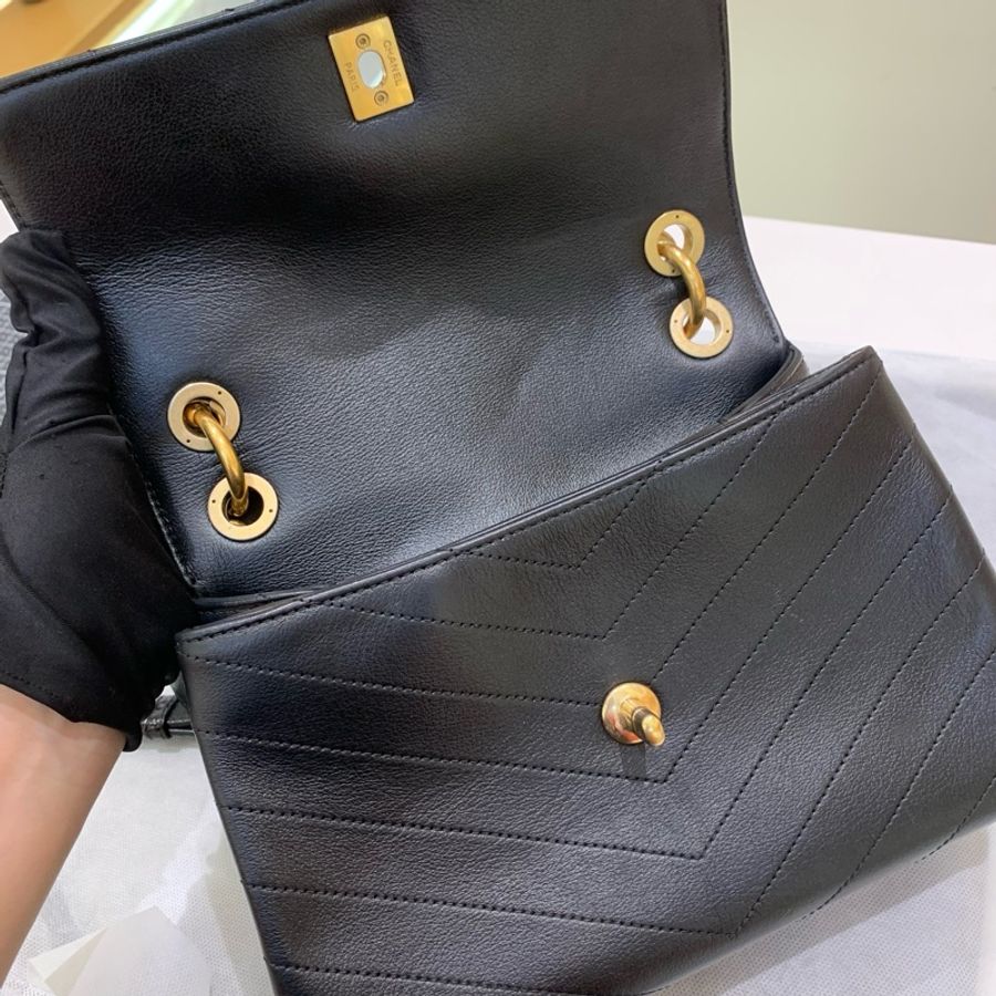 香奈兒/chanel 黑金V紋郵差 25開 裸包-10