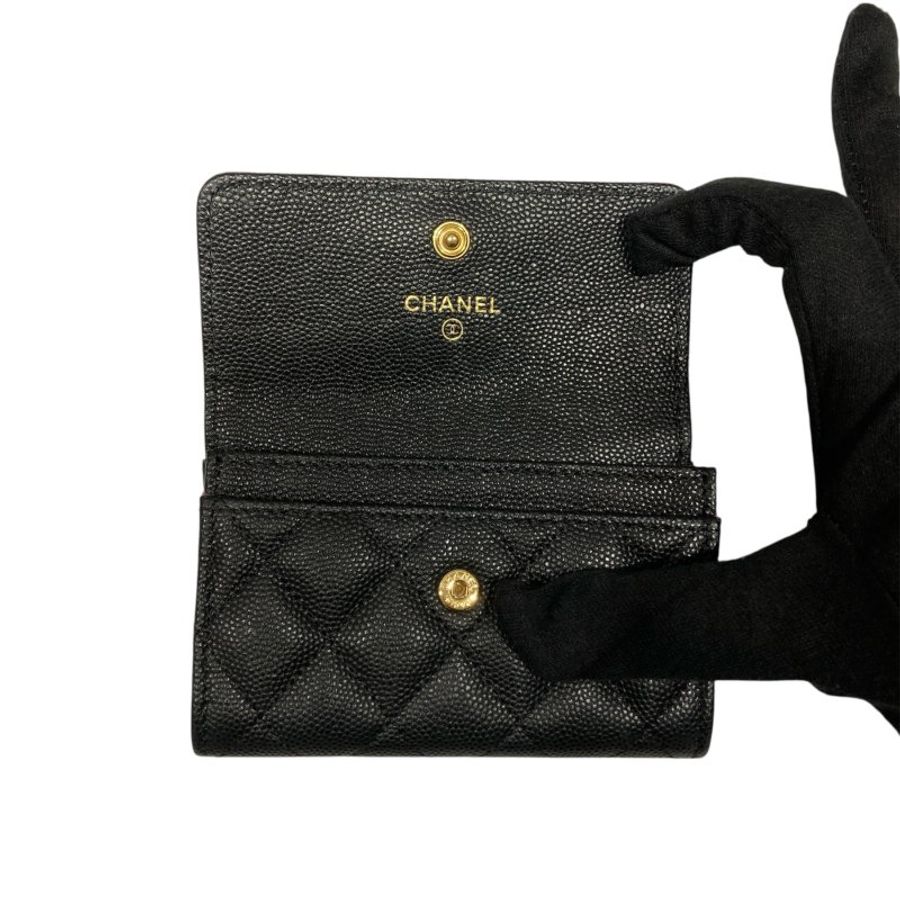 CHANEL 香奈兒 翻蓋卡片錢包 荔枝牛皮 黑色 金釦-12