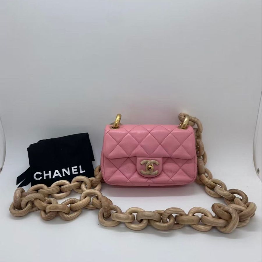 香奈兒 Chanel mini 粉色金扣羊皮木鏈條包芯片-0