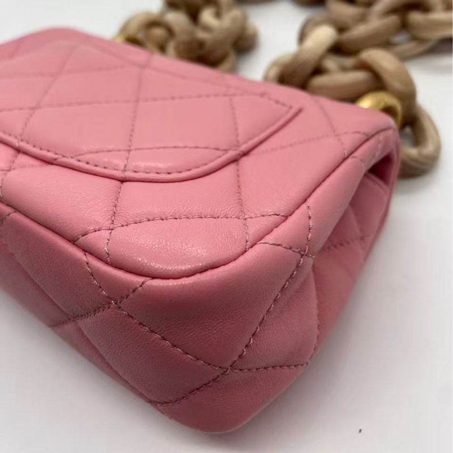 香奈兒 Chanel mini 粉色金扣羊皮木鏈條包芯片-14