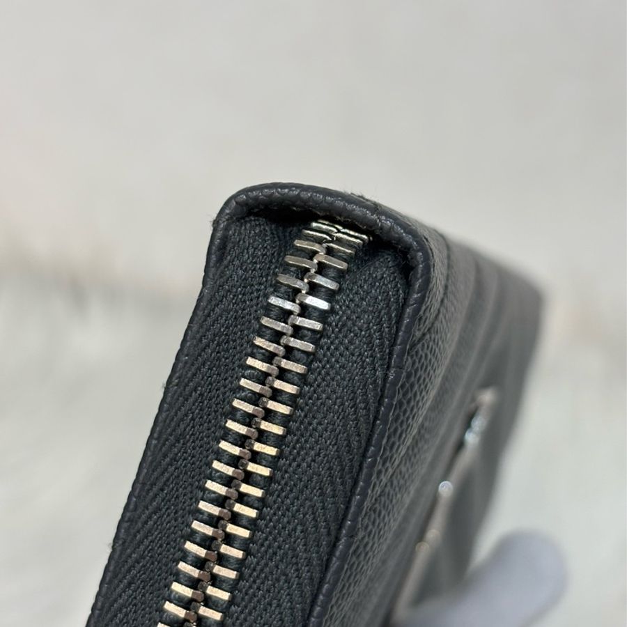 YSL 358094 LOGO 大象灰荔枝皮 銀釦 發財包拉鍊夾信用卡零錢包長夾皮夾發財包-20
