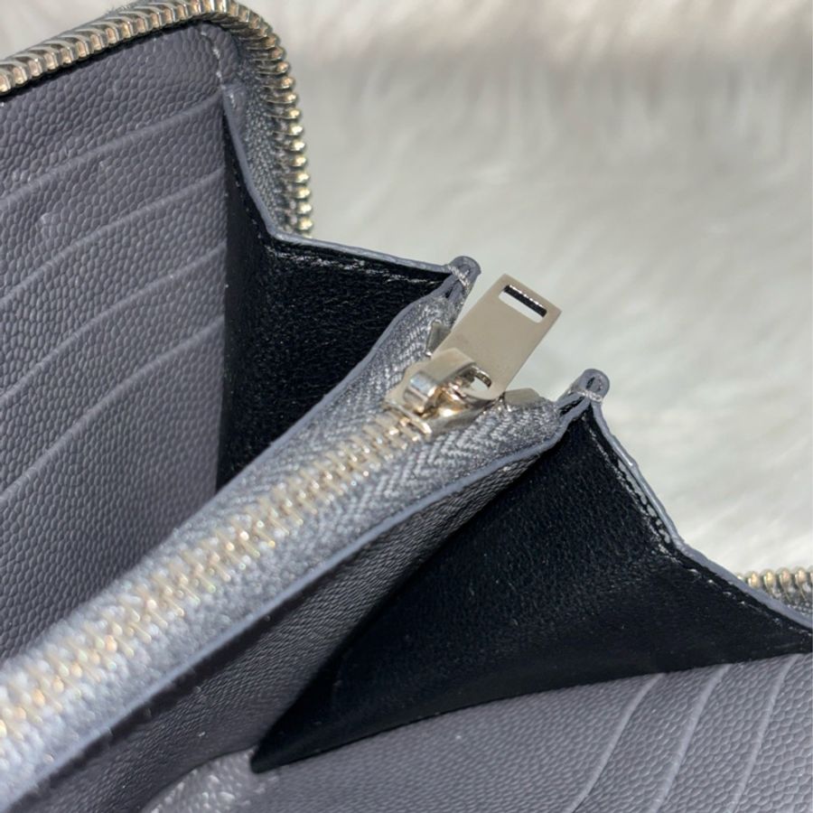 YSL 358094 LOGO 大象灰荔枝皮 銀釦 發財包拉鍊夾信用卡零錢包長夾皮夾發財包-31