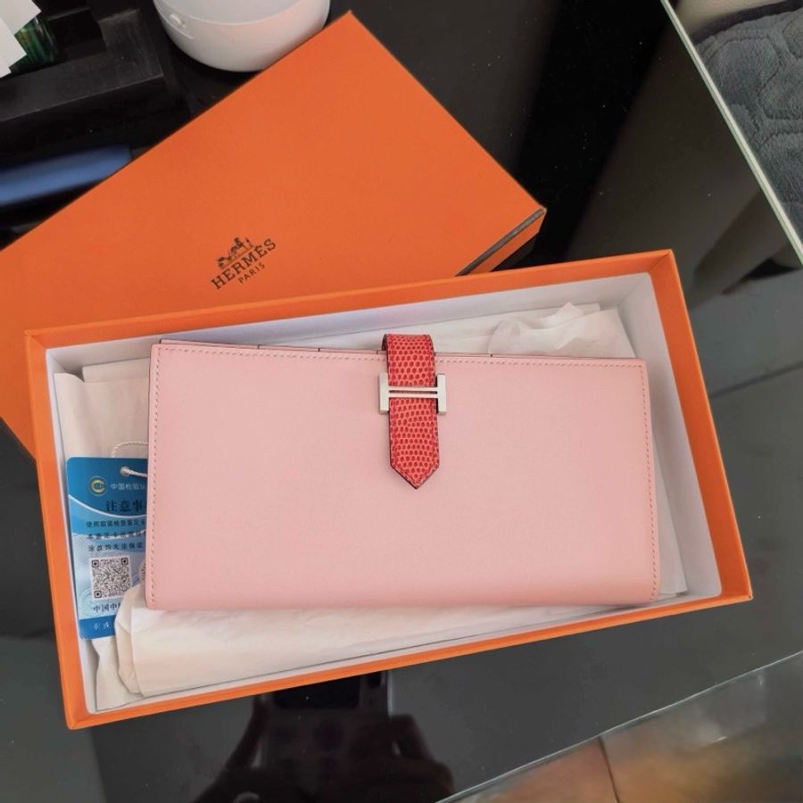 超值漏價！ 未使用 愛馬仕Hermès Béarn Soufflet 長夾｜Swift 櫻花粉｜蜥蜴皮紅扣帶｜銀H扣｜收藏級搭配-4