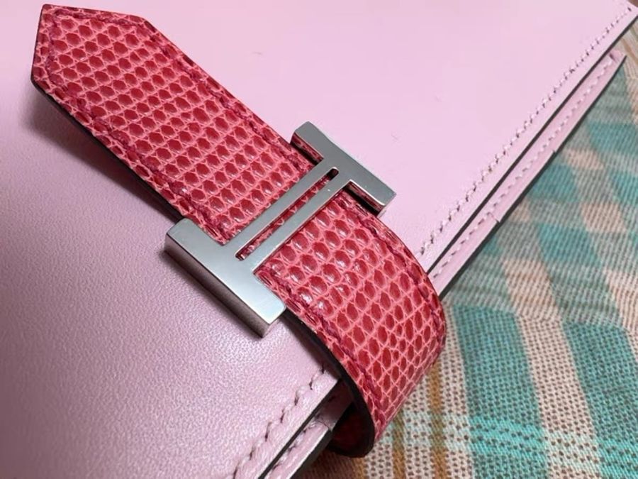 超值漏價！ 未使用 愛馬仕Hermès Béarn Soufflet 長夾｜Swift 櫻花粉｜蜥蜴皮紅扣帶｜銀H扣｜收藏級搭配-5