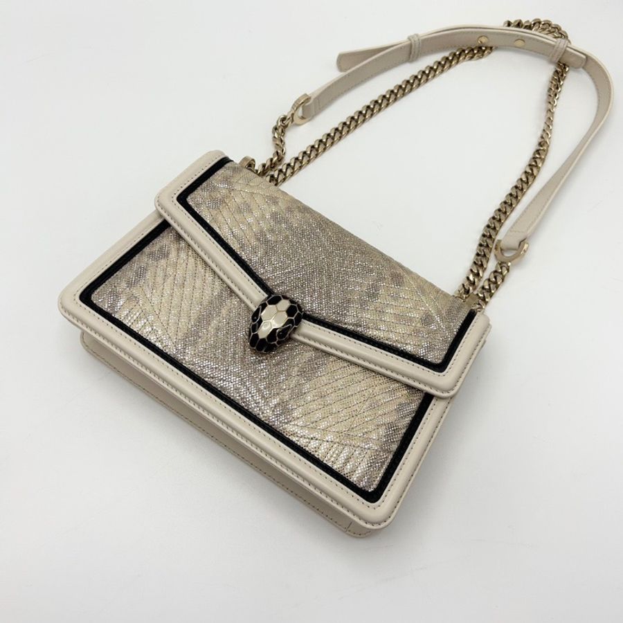 BVLGARI SerpentiDiamondBlast 黑白拼色蛇頭肩背斜背包24*16*6 98新配件塵袋鏡子-3