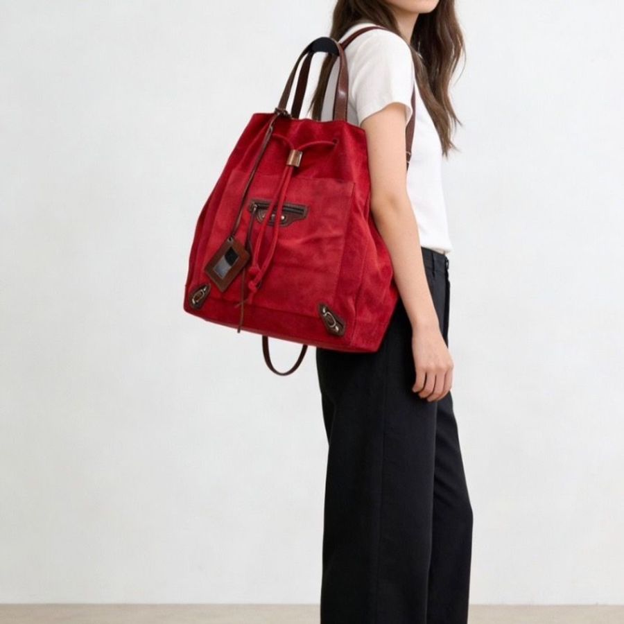 BALENCIAGA 紅棕拼色 麂皮手提托特包33*39*20 9新 配件塵袋-0