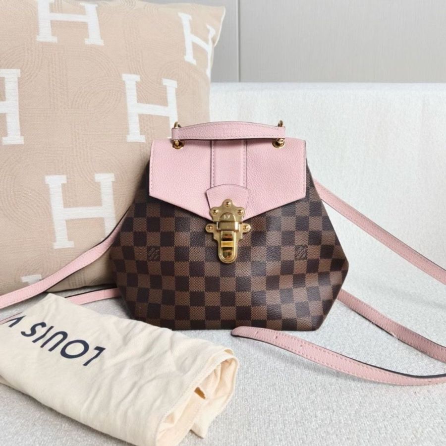LV Clapton後背包 棕棋盤格拼粉色 金扣20*21*11 9新配件塵袋-2