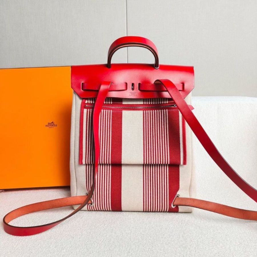 Hermes Herbag後背包紅色拼米色 帆布拼皮29*36*11 95新盒子 塵袋 鑰匙鎖 子袋-6