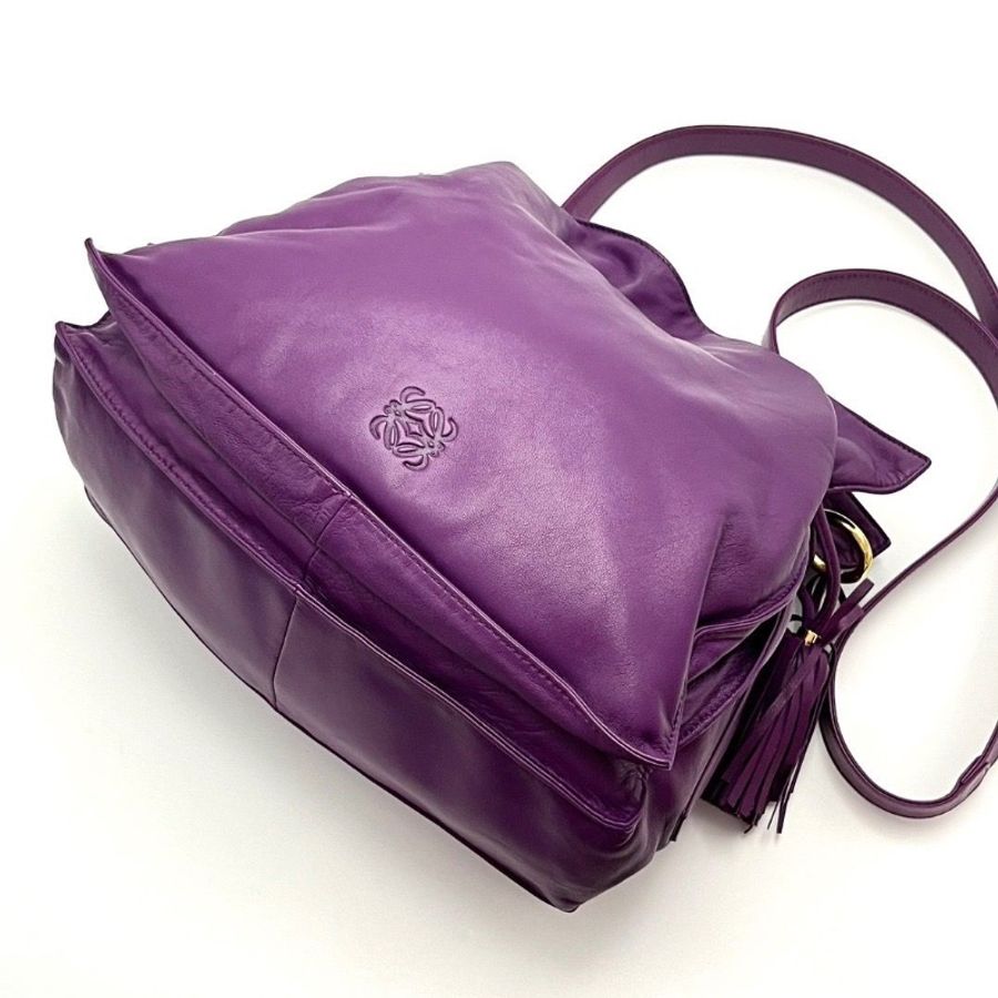 LOEWE FIamenco系列紫色 流蘇福袋肩背斜背包28*26*10 9新 配件塵袋-6