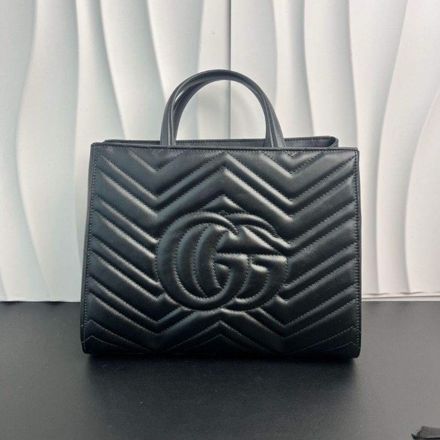 GUCCI Marmont 黑金手提包肩背包經典V紋金色雙G扣26*12*20 9新 配件塵袋-4