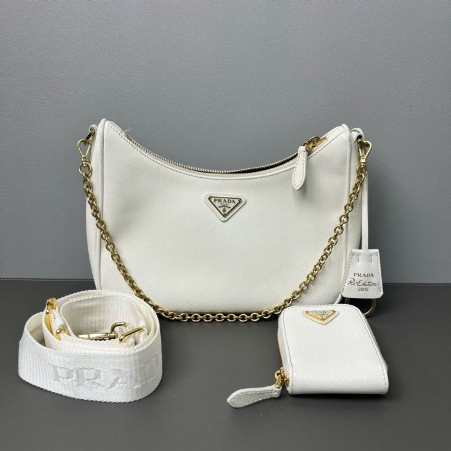Prada 三合一腋下包經典Saffiano白色hobo鏈條包 雙肩帶 21*13*6.5 9新 配件肩帶鏈條塵袋-1