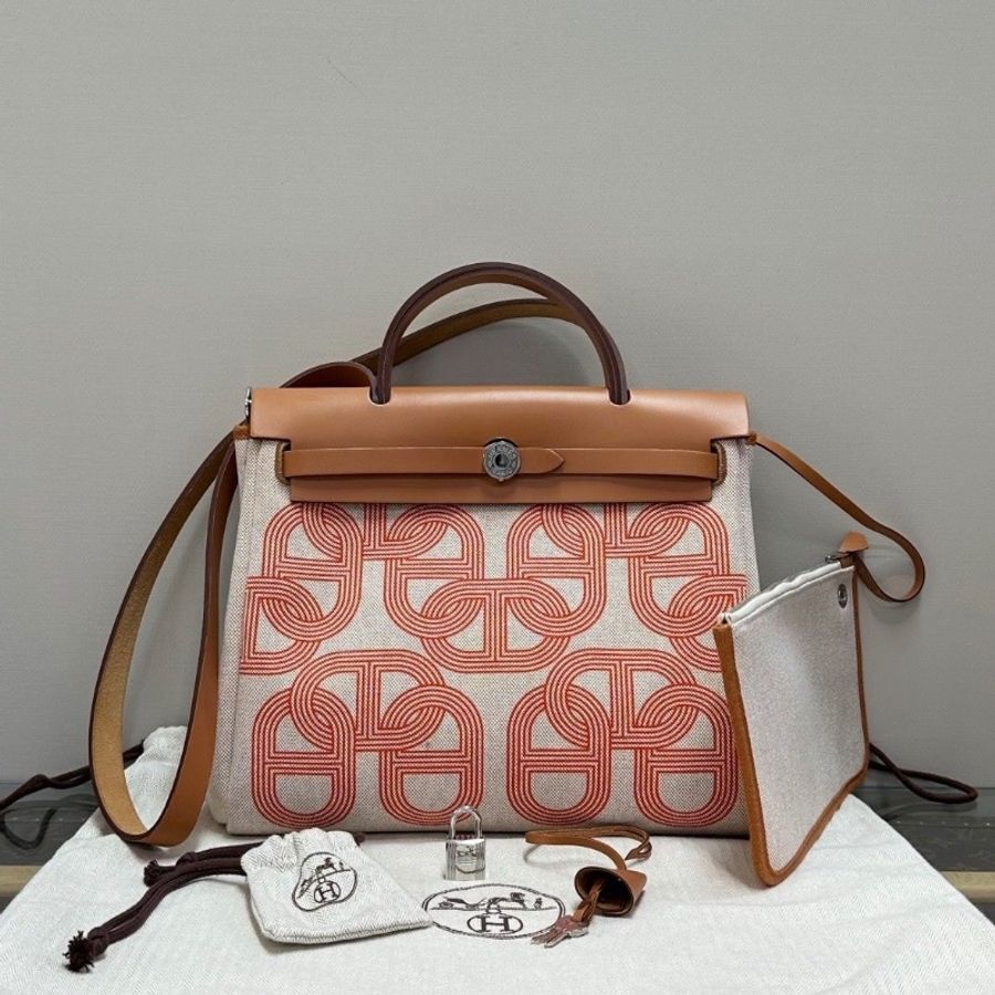 HERMES 帆布拼皮herbag31子母手提斜背包31*25*12 9新 配件大小塵袋 鎖鑰匙-1