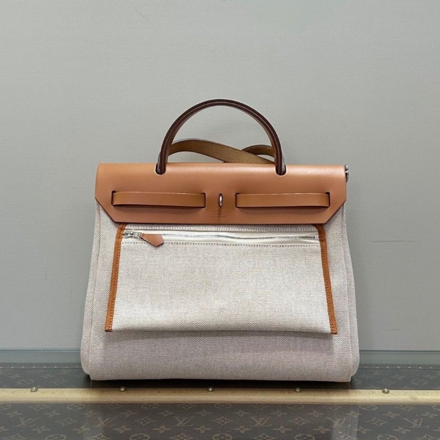 HERMES 帆布拼皮herbag31子母手提斜背包31*25*12 9新 配件大小塵袋 鎖鑰匙-3