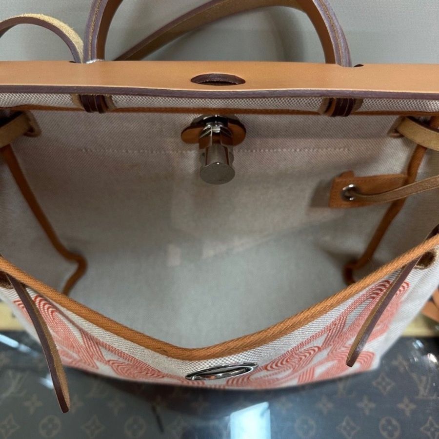 HERMES 帆布拼皮herbag31子母手提斜背包31*25*12 9新 配件大小塵袋 鎖鑰匙-5