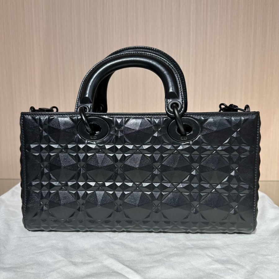 DIOR迪奥 Lady D-Joy 哑光金属钻石形藤格纹 牛皮戴妃包 黑色-3