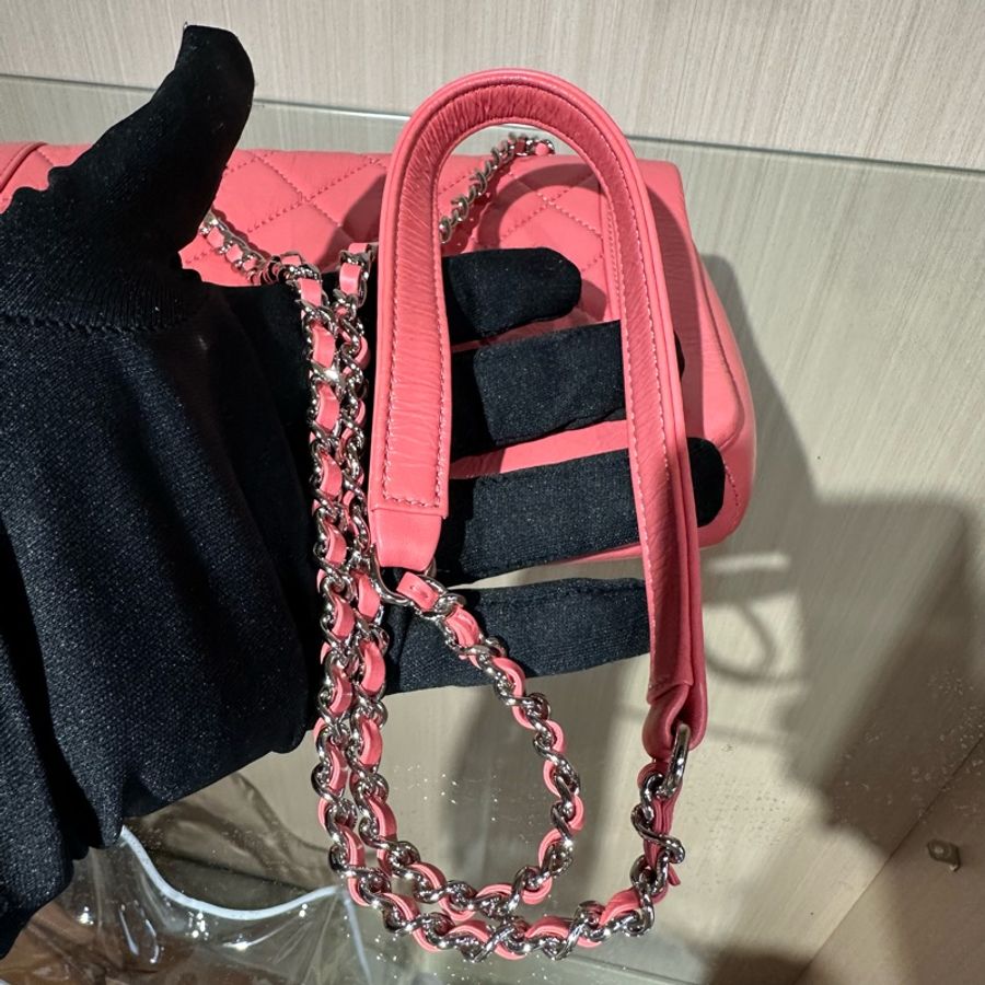 Chanel 香奈兒 粉色 牛皮油蠟皮 全皮翻蓋包woc-9
