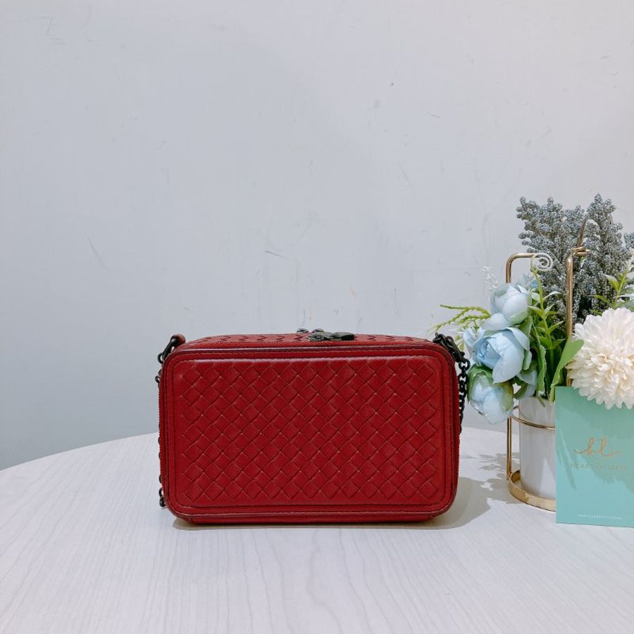 TK1925 葆蝶家 紅色編織 斜孭袋 Bottega Veneta Double Zip Chain Crossbody Bag Intrecciato Nappa Red-15