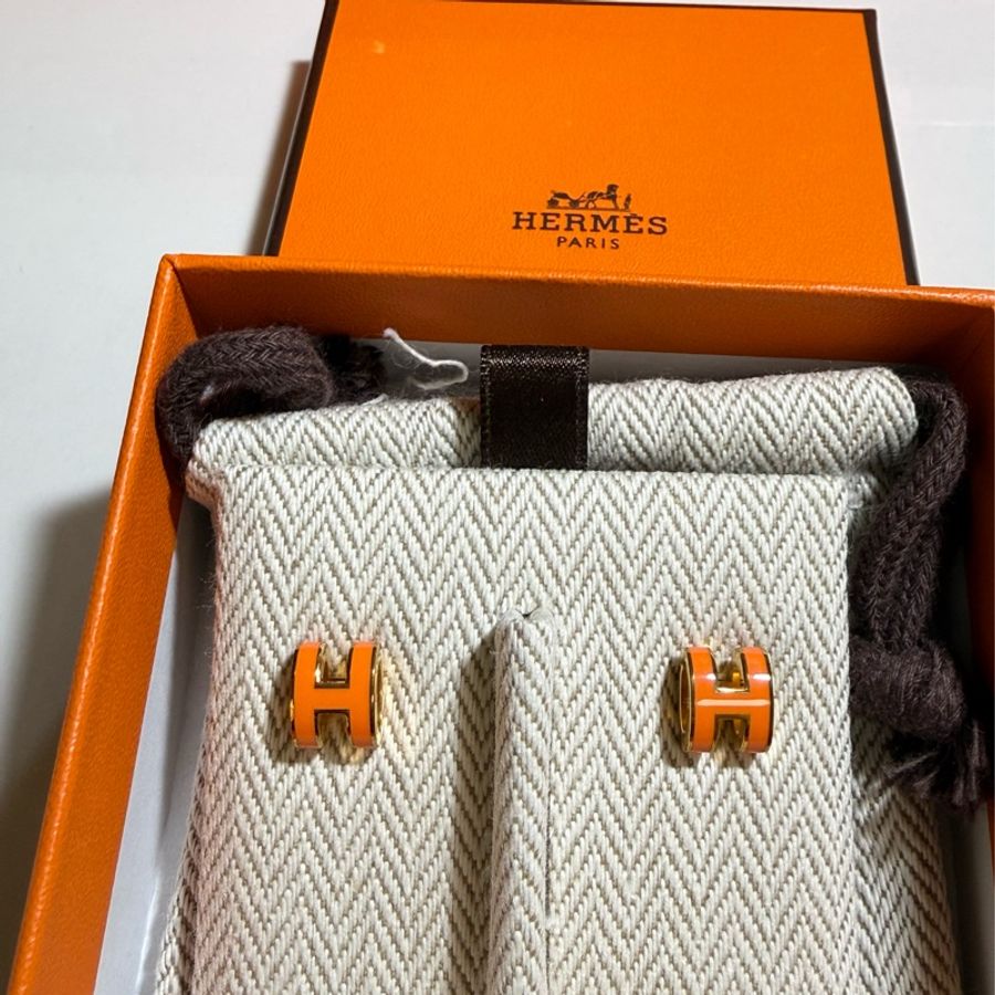 閒置全新Hermes POP愛馬仕Mini小H耳環 耳釘 耳針 橘色-9