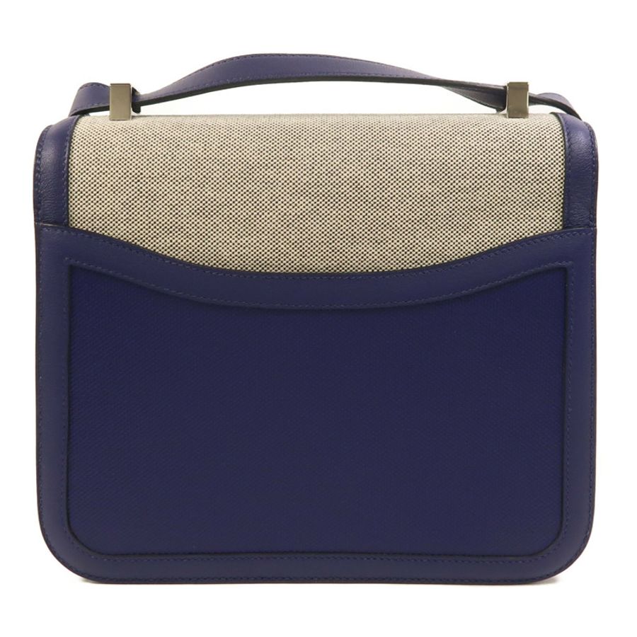 HERMES Toile帆布/Swift皮革Constance 24銀扣肩背袋Bleu Encre-1