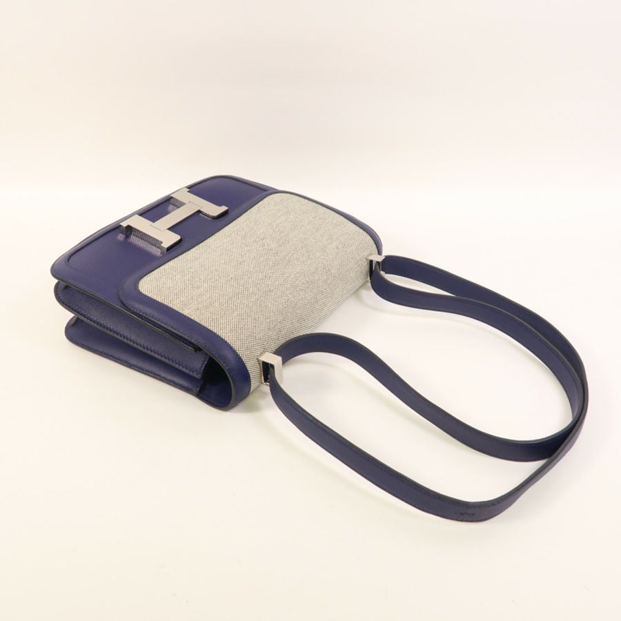 HERMES Toile帆布/Swift皮革Constance 24銀扣肩背袋Bleu Encre-8