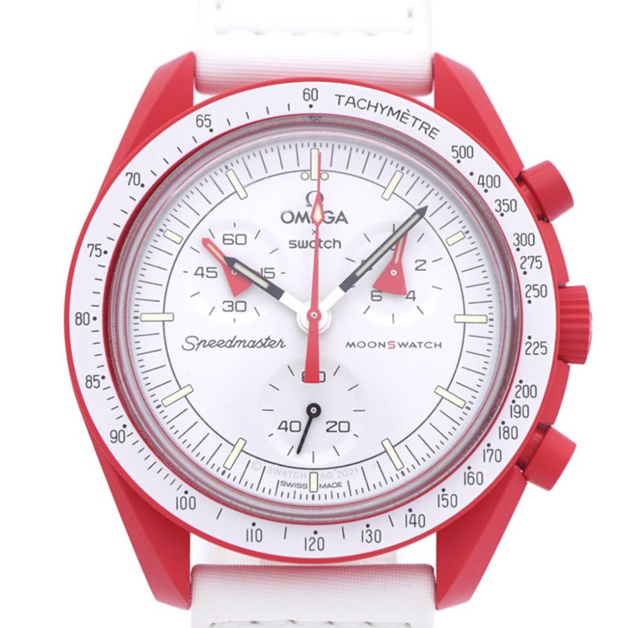 歐米茄 x Swatch 超霸系列月球表火星任務 SO33M100 石英腕錶,尼龍和生物陶瓷錶殼,白色/紅色配色,1400-0