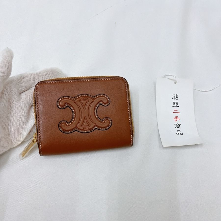 莉亞精品♡ Celine 凱旋門拉鍊短夾 棕 二手美品-1