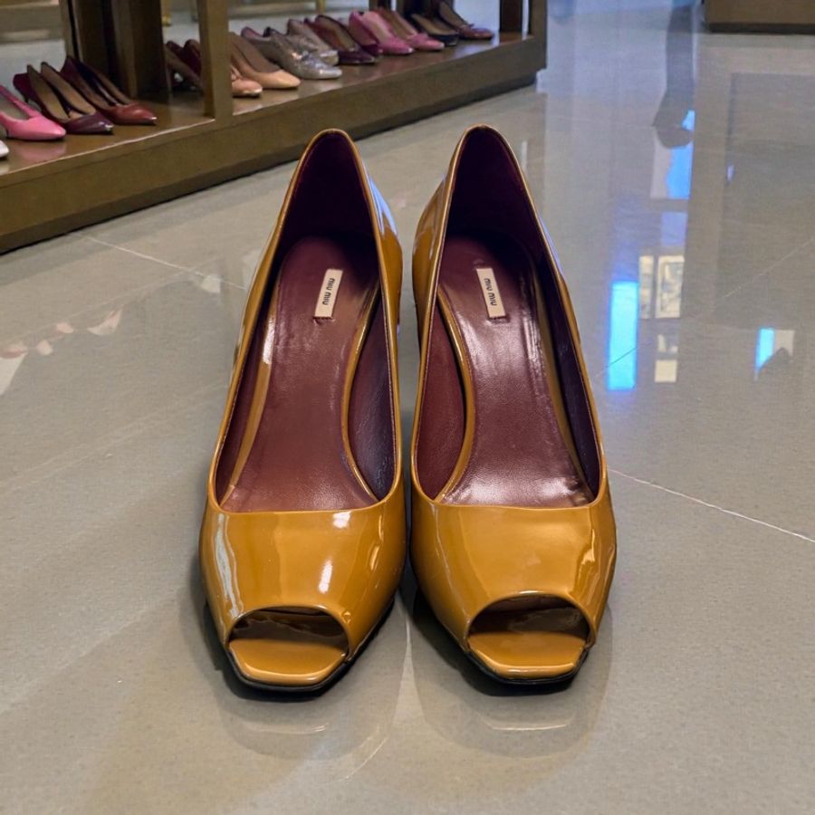 🍒 【Miu Miu】專櫃正品 經典焦糖裸色漆皮魚口粗跟鞋溫潤氣質、復古摩登 size:38/2F260131-1-0
