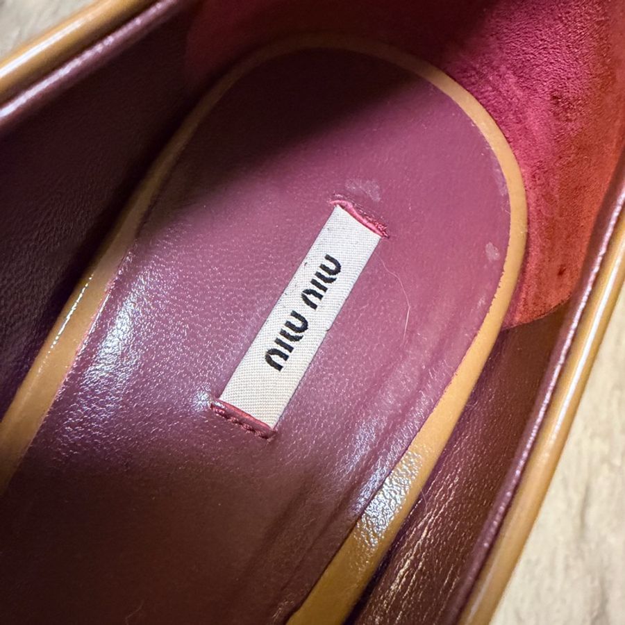 🍒 【Miu Miu】專櫃正品 經典焦糖裸色漆皮魚口粗跟鞋溫潤氣質、復古摩登 size:38/2F260131-1-17