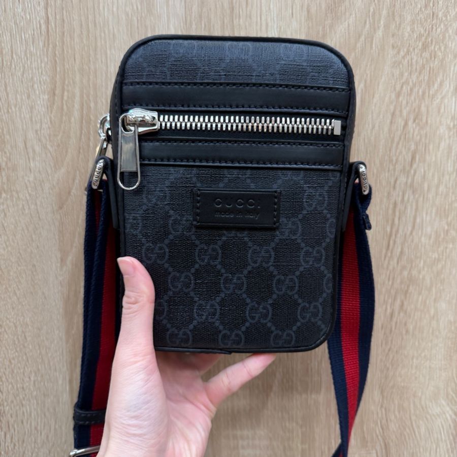 Gucci 黑灰PVC黑牛皮mini日字斜背包-0