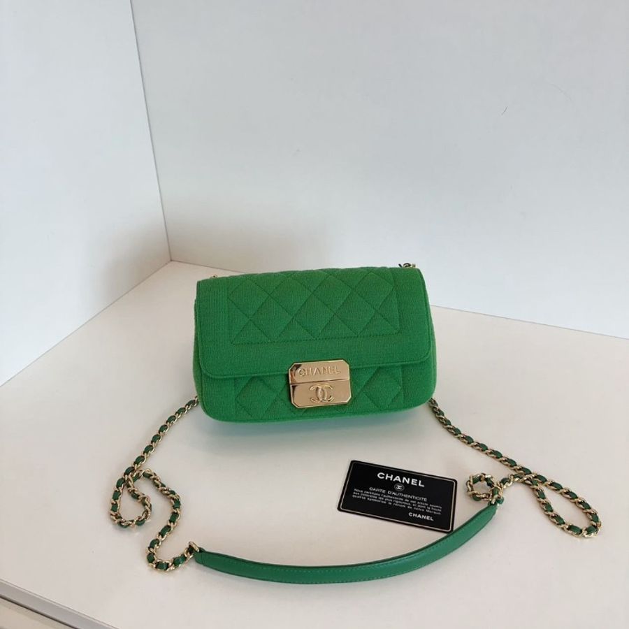 Chanel 絕版 Jersey系列針織 竹子綠金扣大mini 口蓋包 鏈條包 20*12*5.5 98新配件塵袋保卡-1