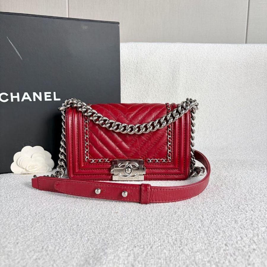 Chanel Leboy小號 酒紅色 銀扣油蠟皮20*12*7 99新配件塵袋保卡-1