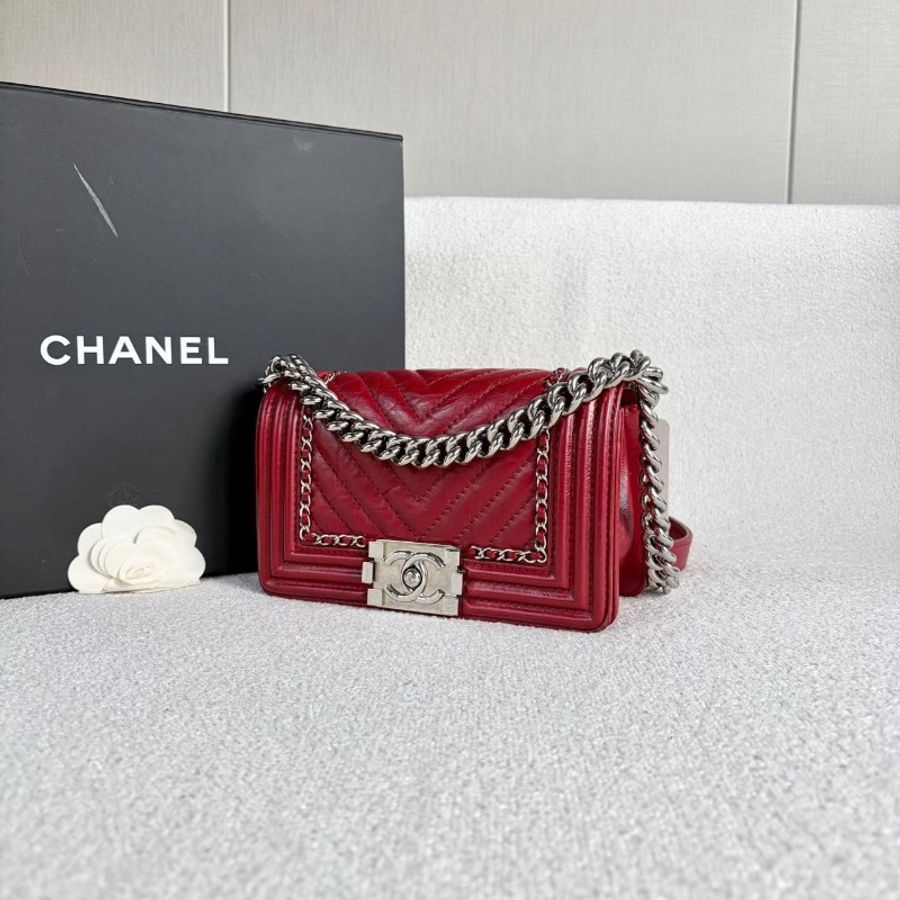 Chanel Leboy小號 酒紅色 銀扣油蠟皮20*12*7 99新配件塵袋保卡-3