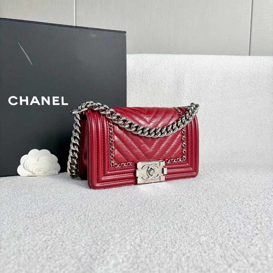 Chanel Leboy小號 酒紅色 銀扣油蠟皮20*12*7 99新配件塵袋保卡-4