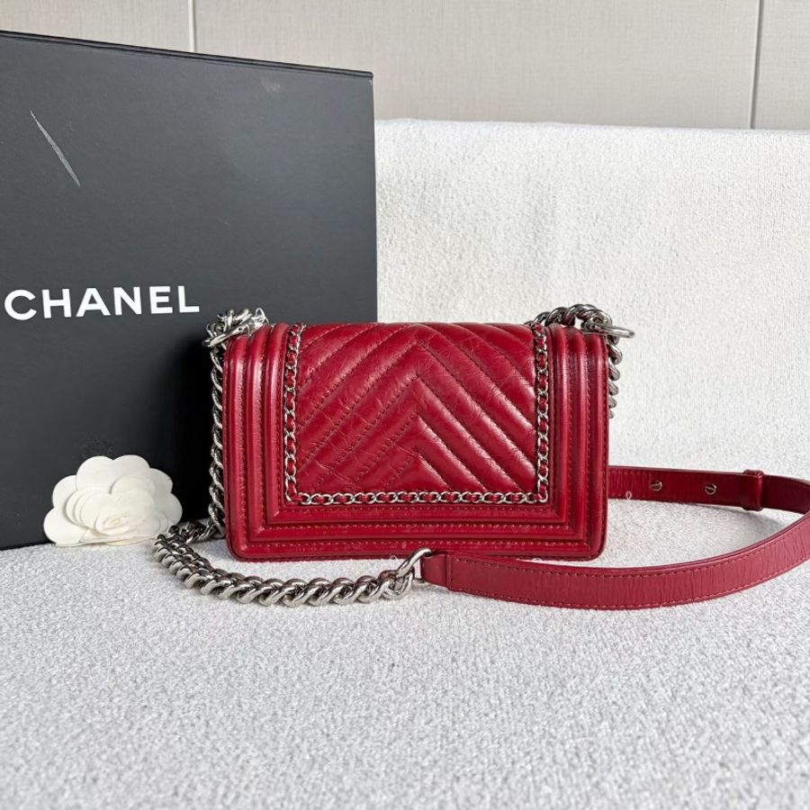 Chanel Leboy小號 酒紅色 銀扣油蠟皮20*12*7 99新配件塵袋保卡-6