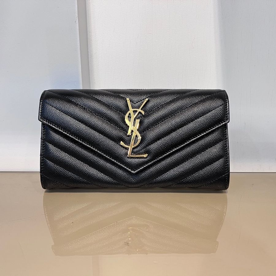 YSL 黑荔枝牛皮山型紋金釦信封下蓋12卡長夾-0