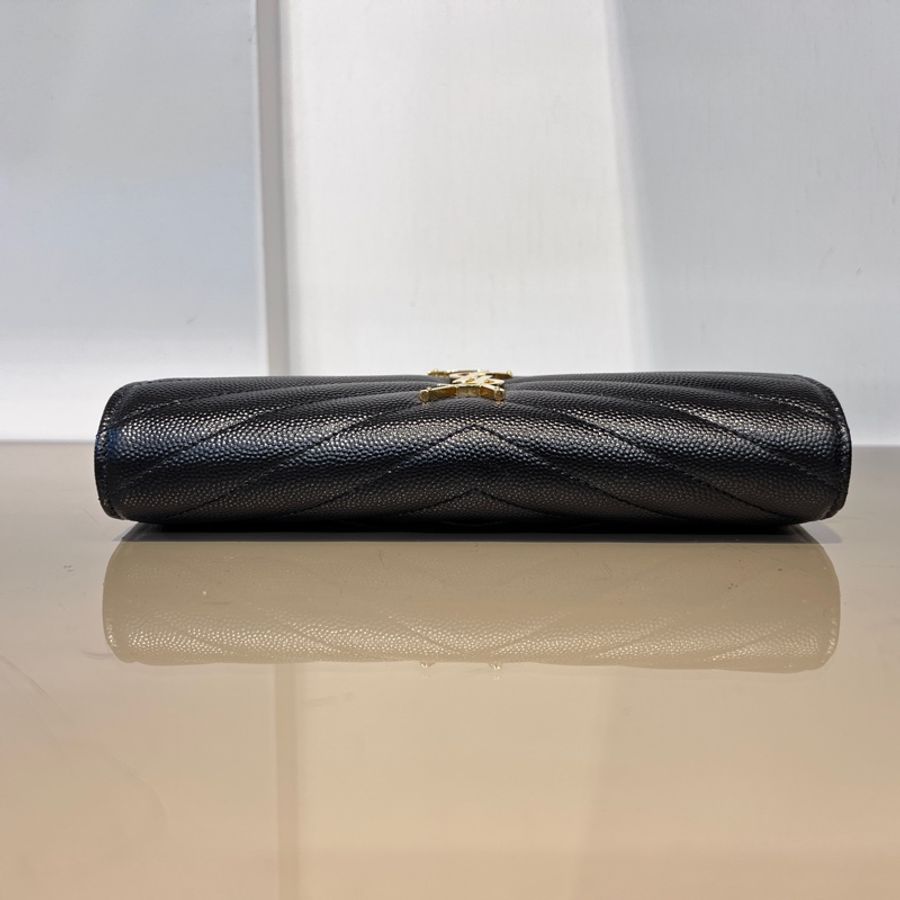 YSL 黑荔枝牛皮山型紋金釦信封下蓋12卡長夾-4