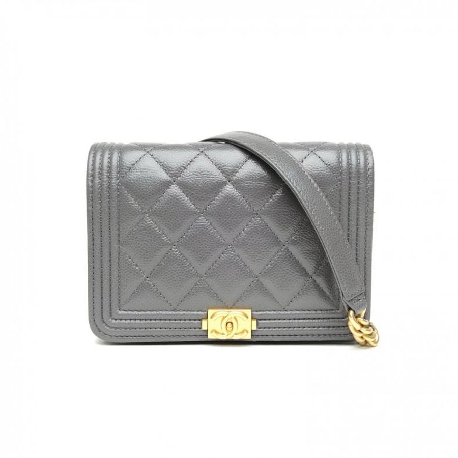 CHANEL LeboyMini15cm灰色荔枝牛皮鐳射標金扣肩背包-0