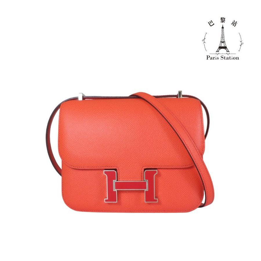 【巴黎站二手名牌專賣店】*現貨*HERMES 愛馬仕 真品*Z刻MINI Constance 18橘紅色琺瑯H康康肩背斜背包-0