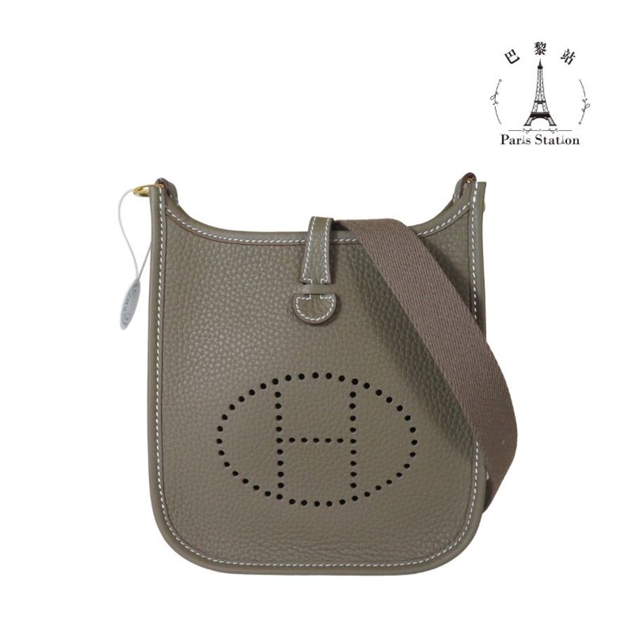 【巴黎站二手名牌專賣店】＊現貨＊HERMES 愛馬仕 真品＊K刻 Mini Evelyne 16大象灰小牛皮金釦鏤空洞H LOGO灰背帶肩背斜背包-0