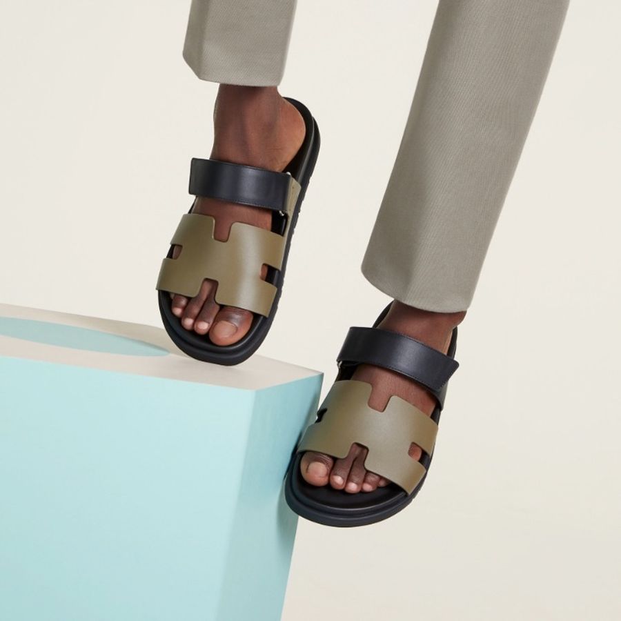 全新 HERMÈS 愛馬仕 Chypre涼鞋 Epsom 棕綠 / 黑色 42.5 二舅鞋-1