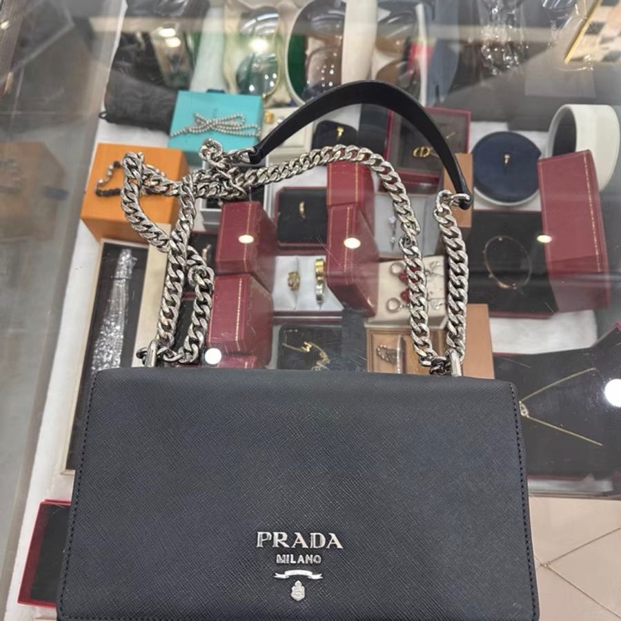 Prada 黑色牛皮尼龍雙拼鏈條斜挎包-8