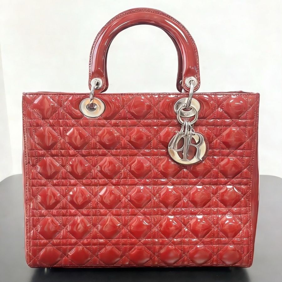 Dior經典款漆皮紅色7格黛妃包32*25 cm 98新配件塵袋-3