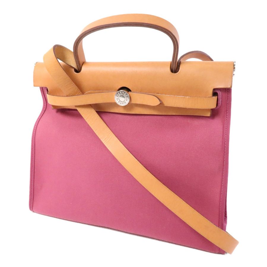 HERMES 帆布Herbag PM銀扣手挽肩背兩用袋Rose Purple-2
