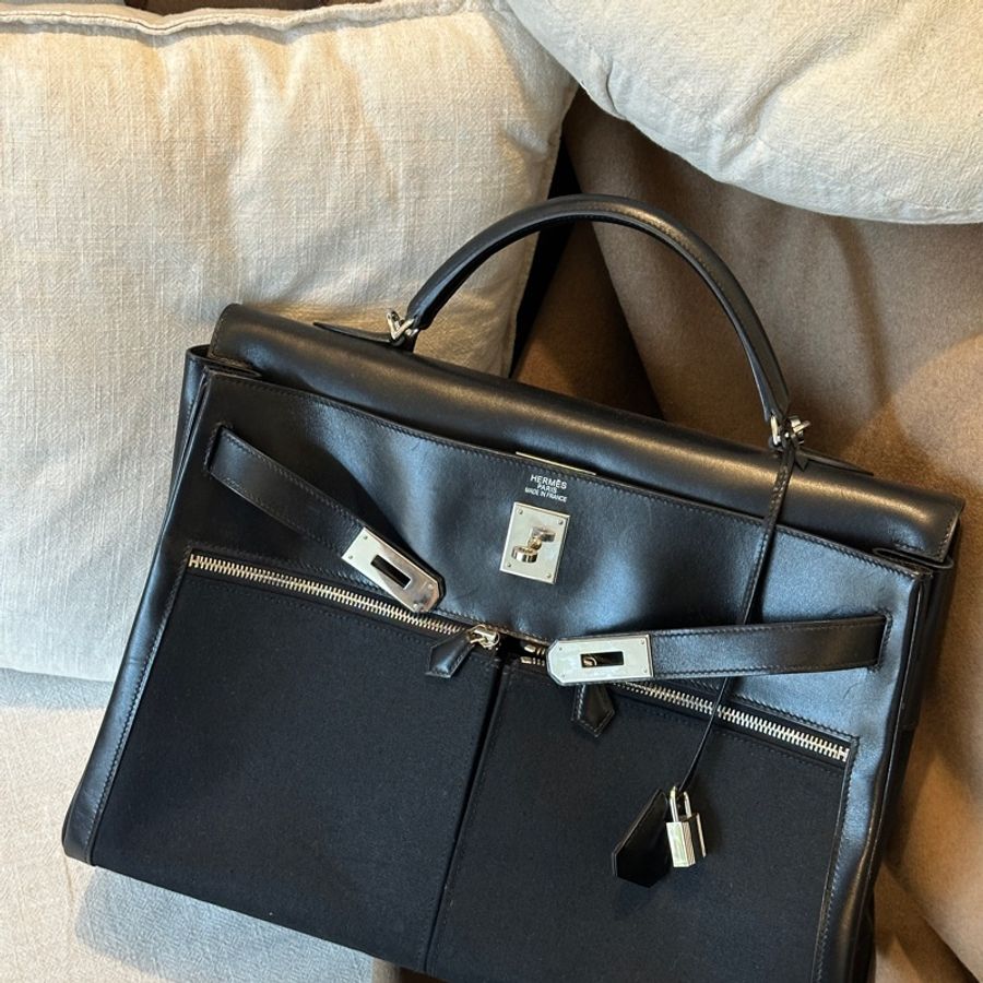 Hermès 愛馬仕Kelly Lakis40 黑銀Box皮拼帆布 框K刻 全原無護理 停產款 成色如圖 現貨-8