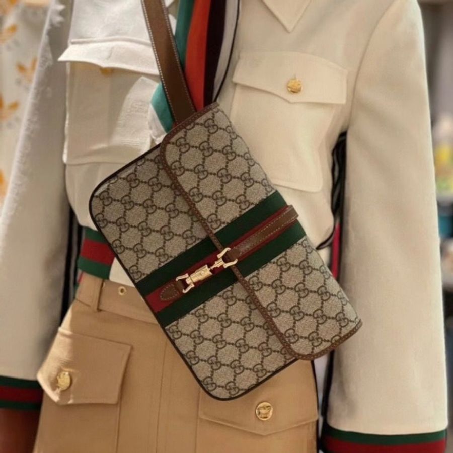 Gucci Jackie 1961系列 老花拼經典條紋 胸包/腰包/郵差包 24*15*4 9新 配件塵袋-0