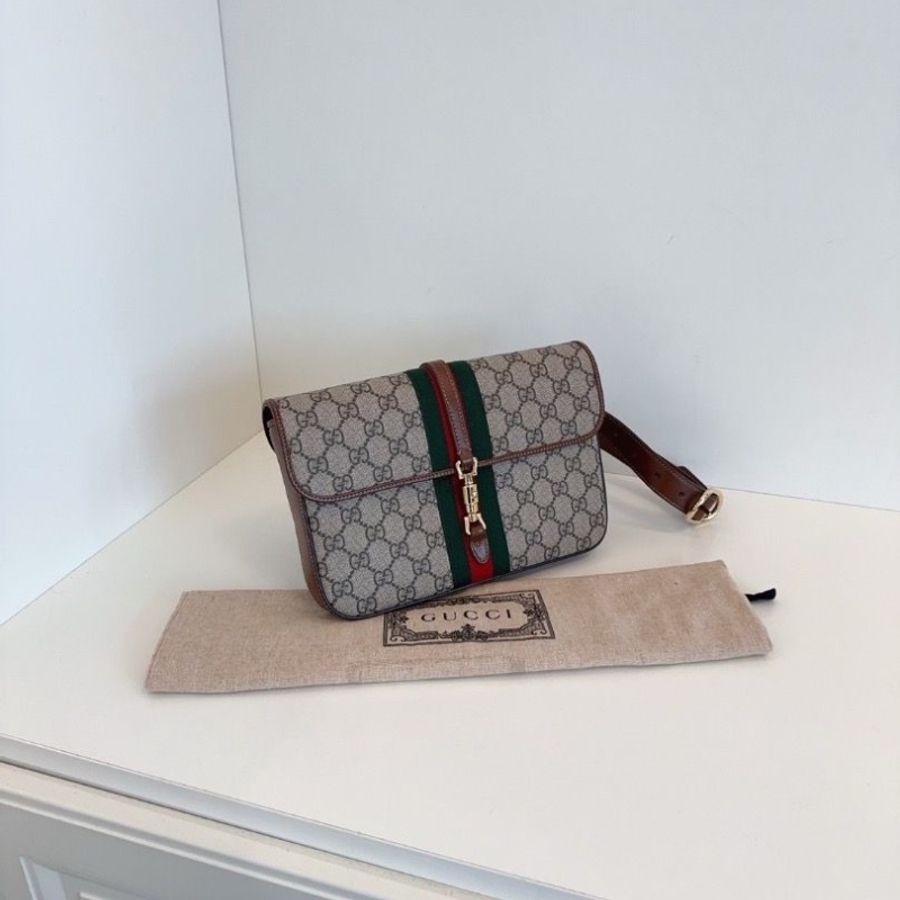 Gucci Jackie 1961系列 老花拼經典條紋 胸包/腰包/郵差包 24*15*4 9新 配件塵袋-6