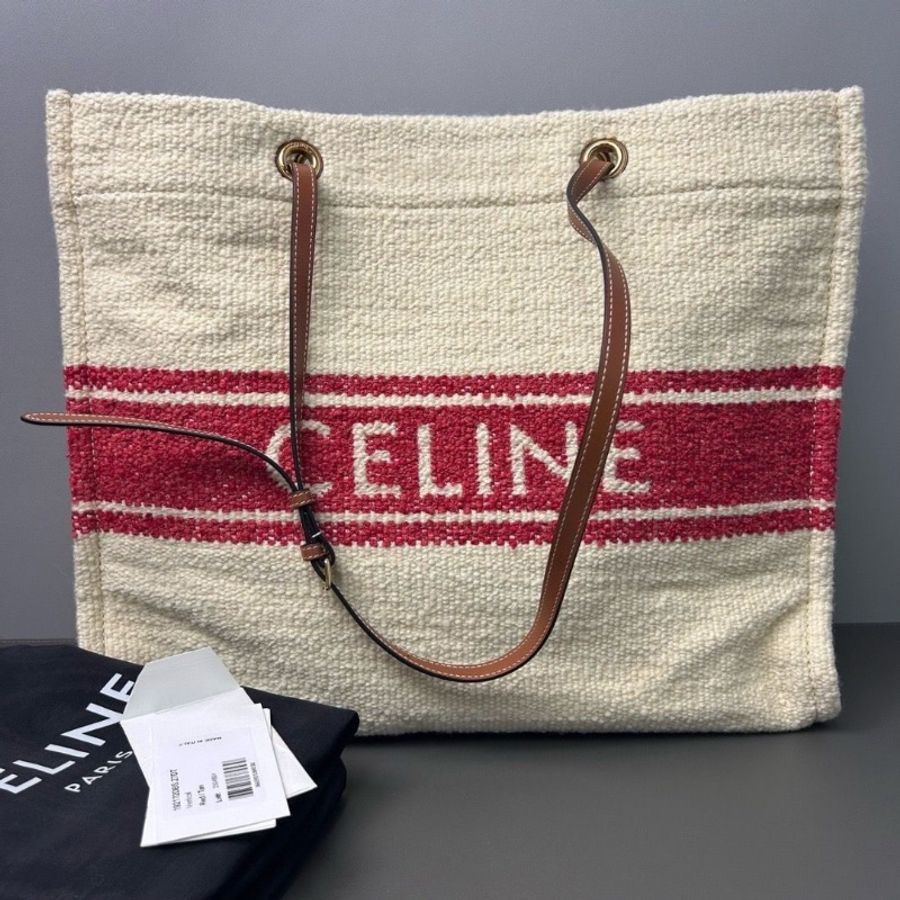 Celine 紅白拼色 毛呢帆布 印花條紋 大號沙灘 44*16.5*36 9新配件塵袋-0