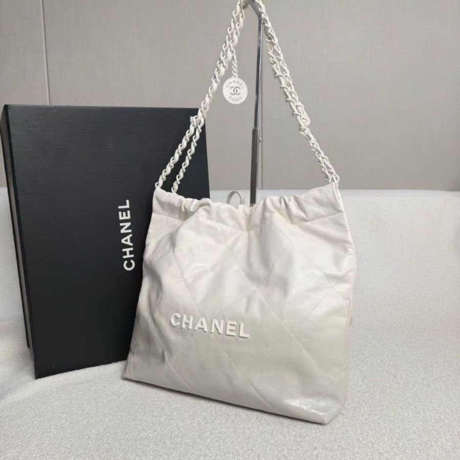 Chanel漸變珠光白22bag小號芯片款 白灰漸變 牛皮 30*30*9 9新配件塵袋盒子-6