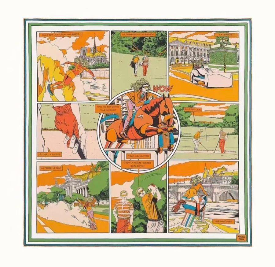 Hermes / 愛馬仕雙面絲巾,絲巾名稱:WOW 女騎士精神 大神Ego作品,最美配色。尺寸:90×90-2