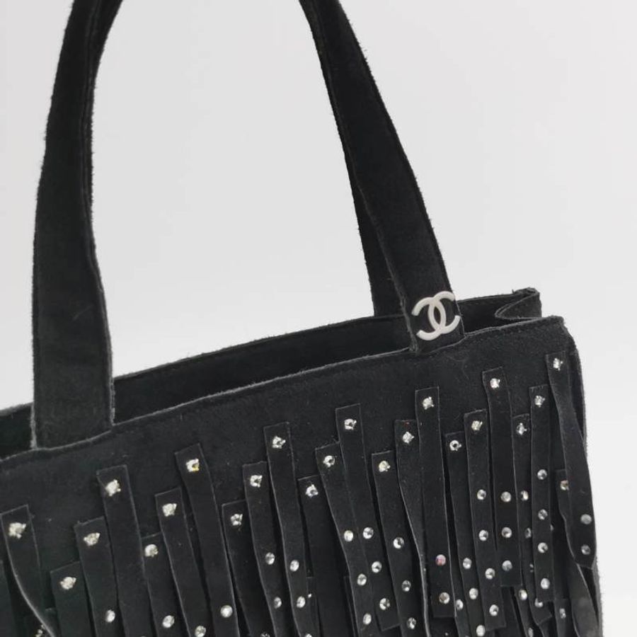 Chanel翻毛皮純色水鑽裝飾流蘇中古手提包-7